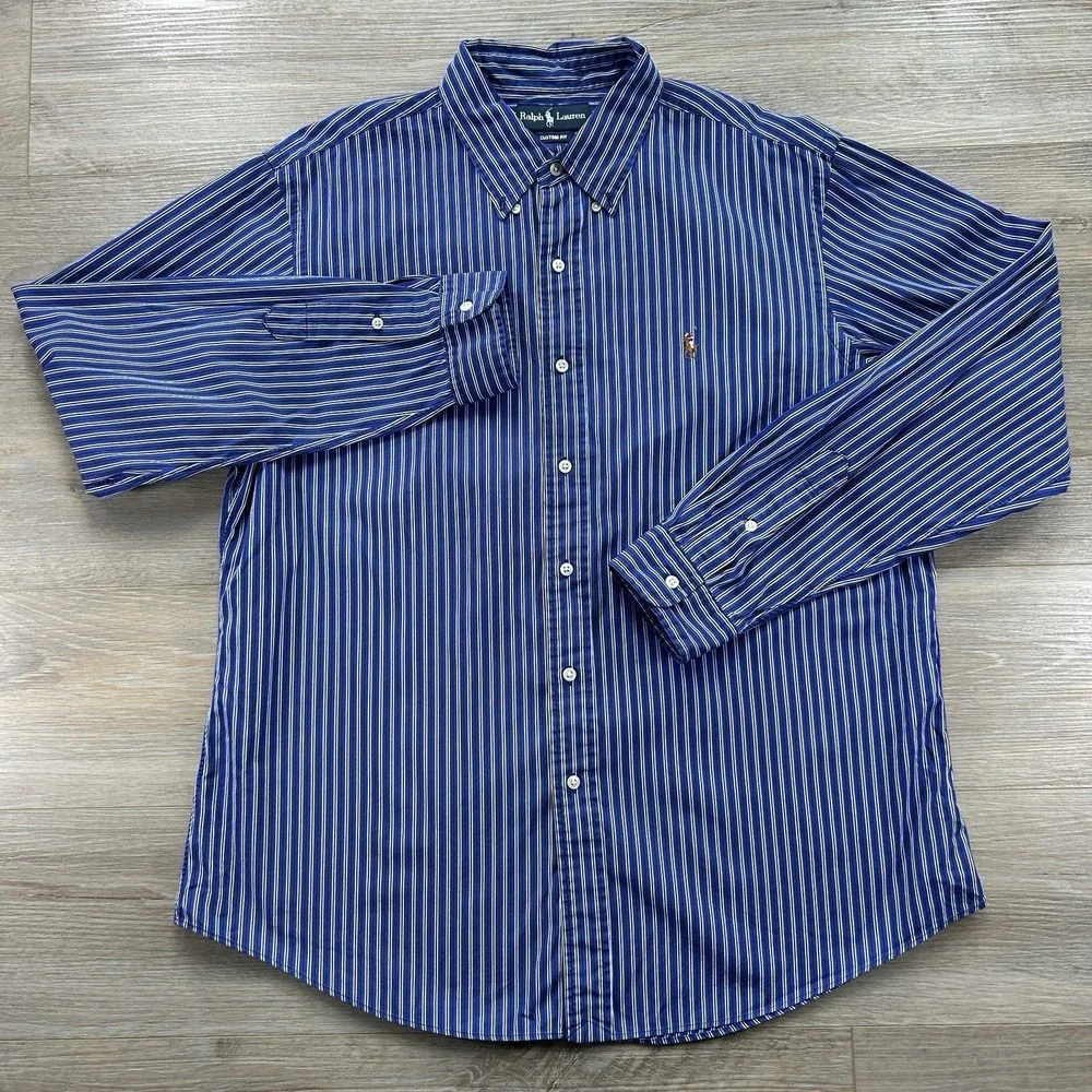 Ralph Lauren XL Custom Fit Blue Striped Flesh Pony Button Down Shirt Preppy